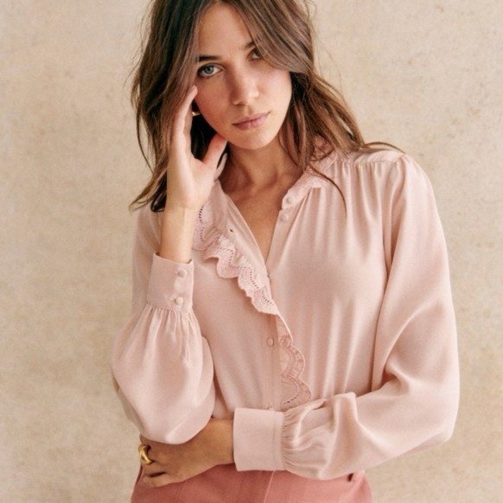 Sezane Chlo Womens Lace-Trim Button Front Blouse - Blush Pink